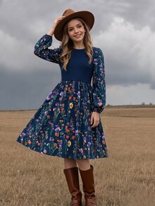 SHEIN Tween Girls Floral Ruffle Hem Dress, Navy Blue Slim Fit, Elegant Sweet Casual Print, Autumn Pastoral - Multicolor - View 4