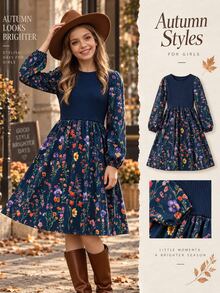 SHEIN Tween Girls Floral Ruffle Hem Dress, Navy Blue Slim Fit, Elegant Sweet Casual Print, Autumn Pastoral - Multicolor - View 1