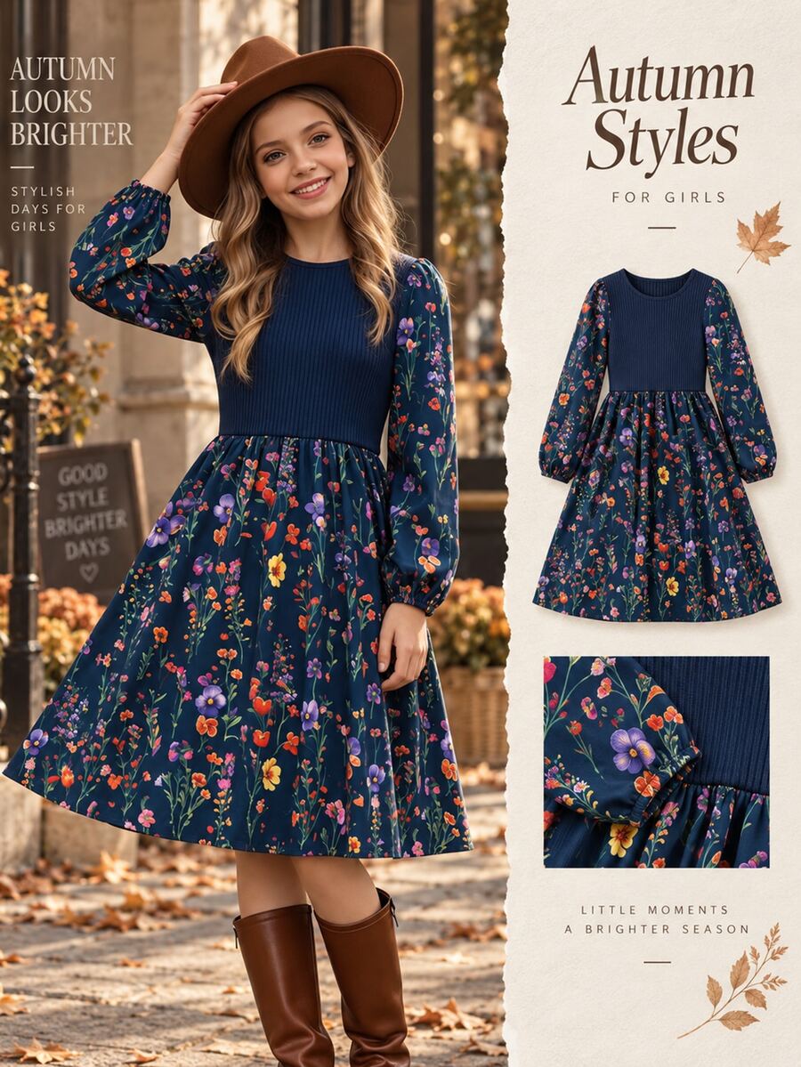 SHEIN Tween Girls Floral Ruffle Hem Dress, Navy Blue Slim Fit, Elegant Sweet Casual Print, Autumn Pastoral - Multicolor - View 1