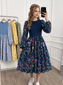 SHEIN Tween Girls Floral Ruffle Hem Dress, Navy Blue Slim Fit, Elegant Sweet Casual Print, Autumn Pastoral - Multicolor - View 9