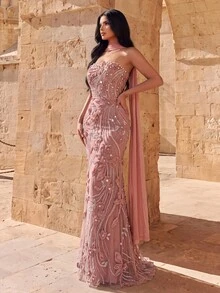 Coutiva 3D Floral Sequin Strapless Faux Pearl Decor Formal Evening Gown Dress - Dusty Pink - View 6