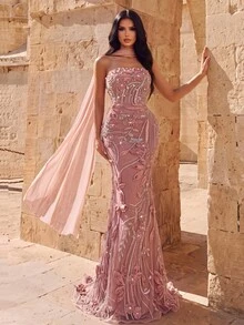 Coutiva 3D Floral Sequin Strapless Faux Pearl Decor Formal Evening Gown Dress - Dusty Pink - View 1
