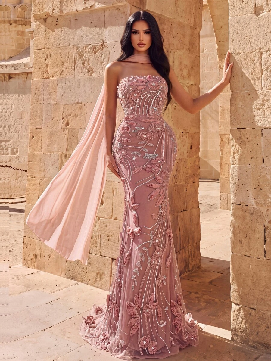 Coutiva 3D Floral Sequin Strapless Faux Pearl Decor Formal Evening Gown Dress - Dusty Pink - View 1