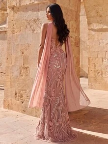 Coutiva 3D Floral Sequin Strapless Faux Pearl Decor Formal Evening Gown Dress - Dusty Pink - View 2
