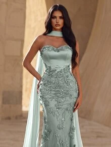Elovaire فستان سهرة رسمي أنيق بدون حمالات بتصميم حورية البحر مزين بالترتر والزهور باللون الأخضر للضيوف - أخضر - مشاهدة 6