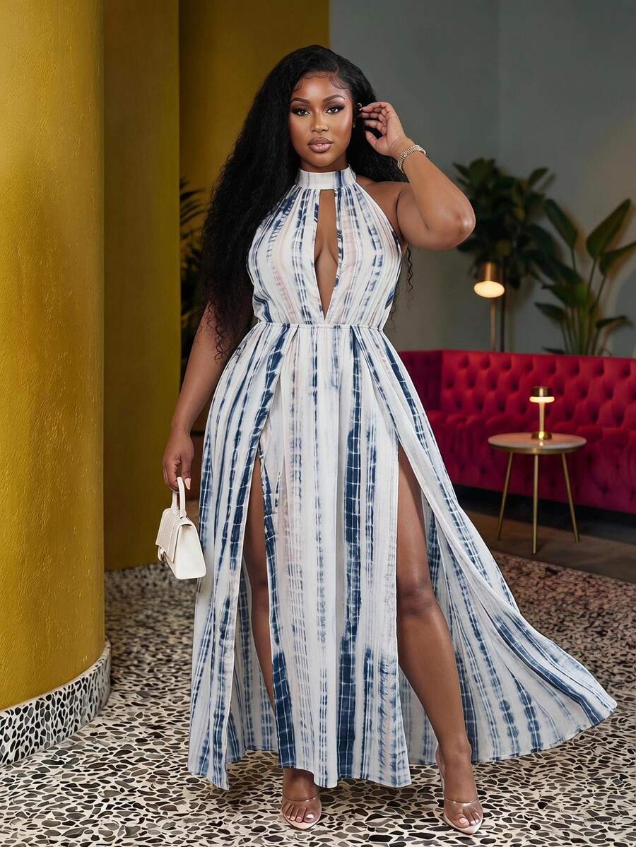Veslaya Elegant Summer Plus Size Women's Extra Long Dress Sun Protection Cover-Up, Pink & Blue Tie-Dye Spaghetti Strap Deep V-Neck Slit Maxi Dress, Vacation Beach Outing Outfit Fashion Bohemian Style Plus Size Women's Clothing - White - View 1