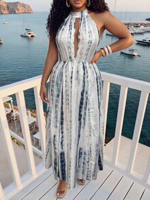 Veslaya Elegant Summer Plus Size Women's Extra Long Dress Sun Protection Cover-Up, Pink & Blue Tie-Dye Spaghetti Strap Deep V-Neck Slit Maxi Dress, Vacation Beach Outing Outfit Fashion Bohemian Style Plus Size Women's Clothing - White - View 8