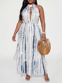 Veslaya Elegant Summer Plus Size Women's Extra Long Dress Sun Protection Cover-Up, Pink & Blue Tie-Dye Spaghetti Strap Deep V-Neck Slit Maxi Dress, Vacation Beach Outing Outfit Fashion Bohemian Style Plus Size Women's Clothing - White - View 7