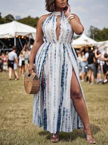 Veslaya Elegant Summer Plus Size Women's Extra Long Dress Sun Protection Cover-Up, Pink & Blue Tie-Dye Spaghetti Strap Deep V-Neck Slit Maxi Dress, Vacation Beach Outing Outfit Fashion Bohemian Style Plus Size Women's Clothing - White - View 2