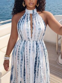 Veslaya Elegant Summer Plus Size Women's Extra Long Dress Sun Protection Cover-Up, Pink & Blue Tie-Dye Spaghetti Strap Deep V-Neck Slit Maxi Dress, Vacation Beach Outing Outfit Fashion Bohemian Style Plus Size Women's Clothing - White - View 6