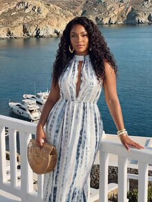 Veslaya Elegant Summer Plus Size Women's Extra Long Dress Sun Protection Cover-Up, Pink & Blue Tie-Dye Spaghetti Strap Deep V-Neck Slit Maxi Dress, Vacation Beach Outing Outfit Fashion Bohemian Style Plus Size Women's Clothing - White - View 5