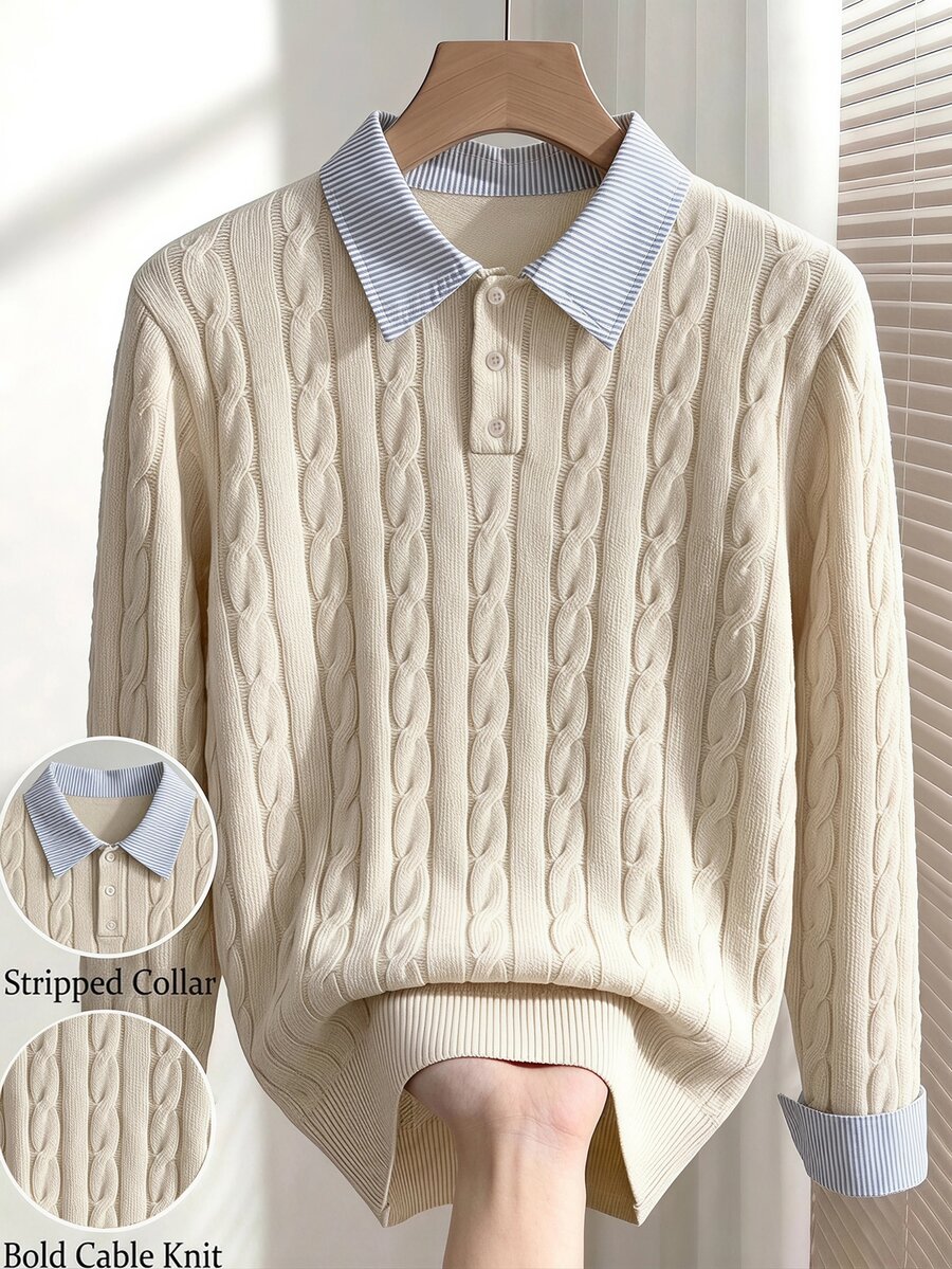 Chillumni Men's Patchwork Lapel Long Sleeve Pullover Sweater, Casual Knit Autumn/Winter Clothing, Loose Beige/Apricot Commuter Outfit, Versatile Twisted Rope Pattern Pullover Sweater - Beige - View 1