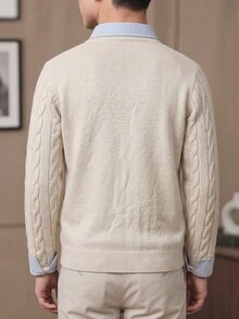 Chillumni 男士拼接翻領長袖套頭毛衣，休閒針織秋冬服飾，寬鬆米色/杏色通勤穿搭，百搭扭繩花紋套頭毛衣 - 米色 - 查看 2