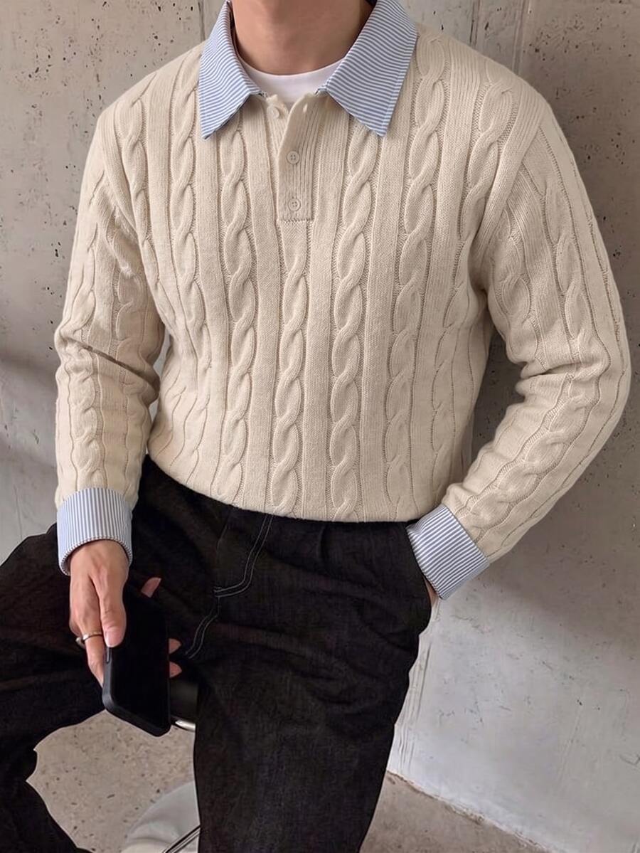 Chillumni 男士拼接翻領長袖套頭毛衣,休閒針織秋冬服飾,寬鬆米色/杏色通勤穿搭,百搭扭繩花紋套頭毛衣 - 米色 - 查看 1