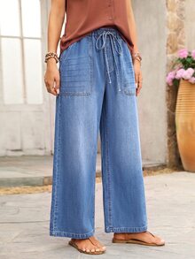 EMERY ROSE Celana Jeans Denim Biru Kasual Musim Gugur untuk Liburan, Pinggang Tinggi, Kaki Lebar, Tali Serut, Pakaian Pantai Sehari-hari untuk Wanita - Light Wash - View 4