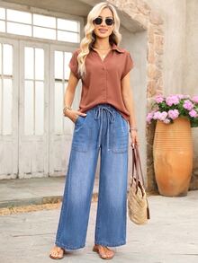 EMERY ROSE Celana Jeans Denim Biru Kasual Musim Gugur untuk Liburan, Pinggang Tinggi, Kaki Lebar, Tali Serut, Pakaian Pantai Sehari-hari untuk Wanita - Light Wash - View 5
