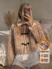 Comfortcana معطف فرو صناعي بطبعة حيوانية مع أزرار قرن للنساء للخريف/الشتاء - متعدد الألوان - مشاهدة 7