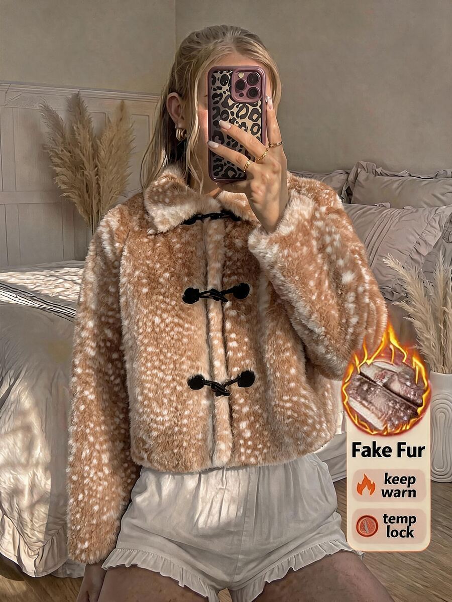 Comfortcana Women's Autumn/Winter Animal Print Faux Fur Coat With Horn Buttons - Multicolor - View 1
