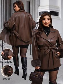 Reflora Plus Size Faux Fur Patchwork Cuff Button PU Material Jacket Work Evening Going Out Brown Winter Elegant - Brown - View 10