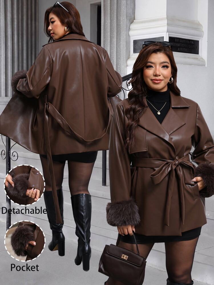 Reflora Plus Size Faux Fur Patchwork Cuff Button PU Material Jacket Work Evening Going Out Brown Winter Elegant - Brown - View 10