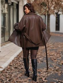 Reflora Plus Size Faux Fur Patchwork Cuff Button PU Material Jacket Work Evening Going Out Brown Winter Elegant - Brown - View 2