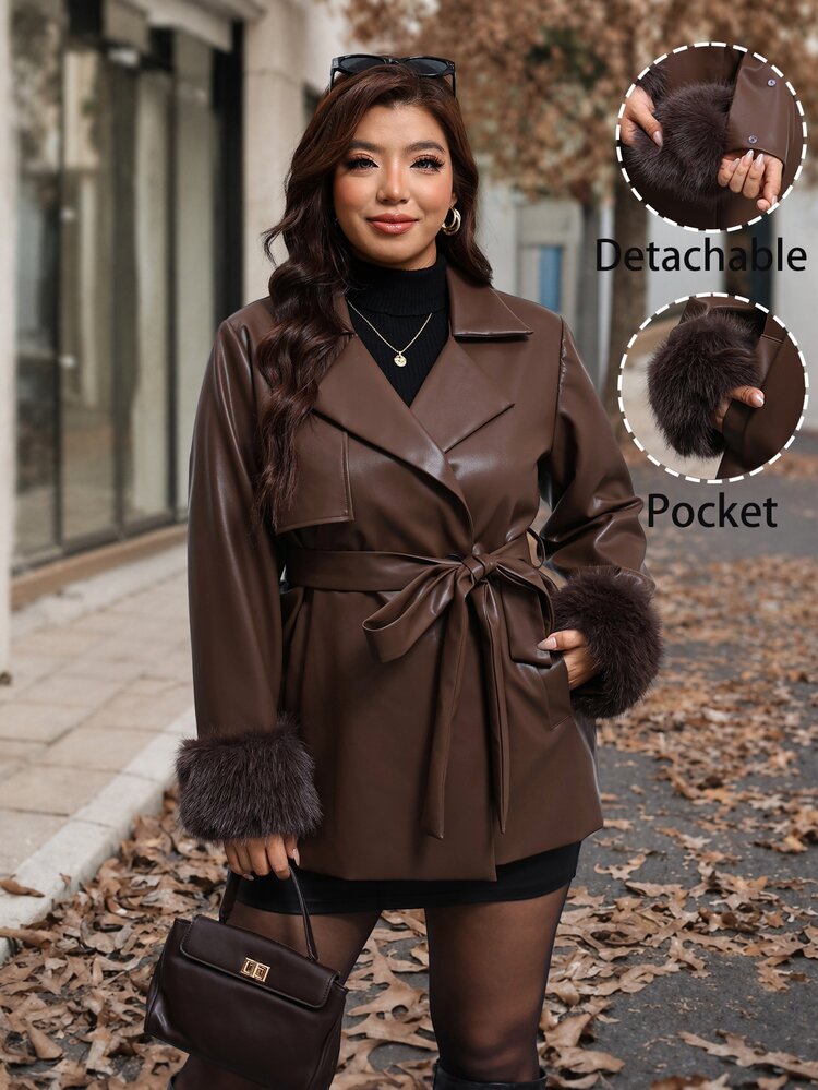 Reflora Plus Size Faux Fur Patchwork Cuff Button PU Material Jacket Work Evening Going Out Brown Winter Elegant - Brown - View 1