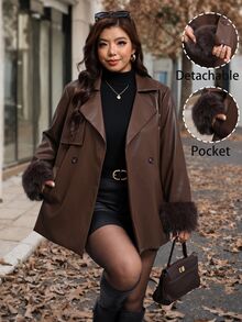 Reflora Plus Size Faux Fur Patchwork Cuff Button PU Material Jacket Work Evening Going Out Brown Winter Elegant - Brown - View 6