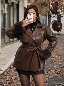 Reflora Plus Size Faux Fur Patchwork Cuff Button PU Material Jacket Work Evening Going Out Brown Winter Elegant - Brown - View 9