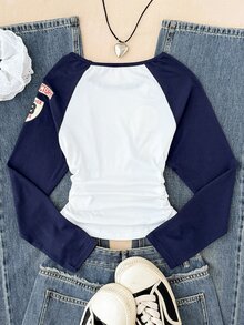 兒童青少年女孩秋季長版落肩袖圖案T恤休閒運動百搭 - 藍白色 - 查看 4