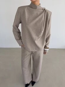Siren Gaze Funnel Neck Blouse And Long Pants Set, Elegant Two Pieces Outfit For Women, Business Casual Commuter Pants Set, Office And Workwear Fall/Winter - Apricot - View 9