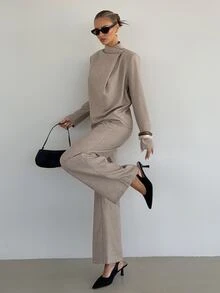 Siren Gaze Funnel Neck Blouse And Long Pants Set, Elegant Two Pieces Outfit For Women, Business Casual Commuter Pants Set, Office And Workwear Fall/Winter - Apricot - View 10