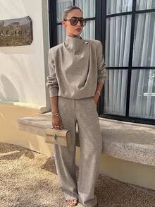 Siren Gaze Funnel Neck Blouse And Long Pants Set, Elegant Two Pieces Outfit For Women, Business Casual Commuter Pants Set, Office And Workwear Fall/Winter - Apricot - View 11
