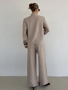 Siren Gaze Funnel Neck Blouse And Long Pants Set, Elegant Two Pieces Outfit For Women, Business Casual Commuter Pants Set, Office And Workwear Fall/Winter - Apricot - View 3