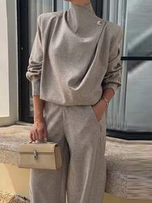 Siren Gaze Funnel Neck Blouse And Long Pants Set, Elegant Two Pieces Outfit For Women, Business Casual Commuter Pants Set, Office And Workwear Fall/Winter - Apricot - View 8