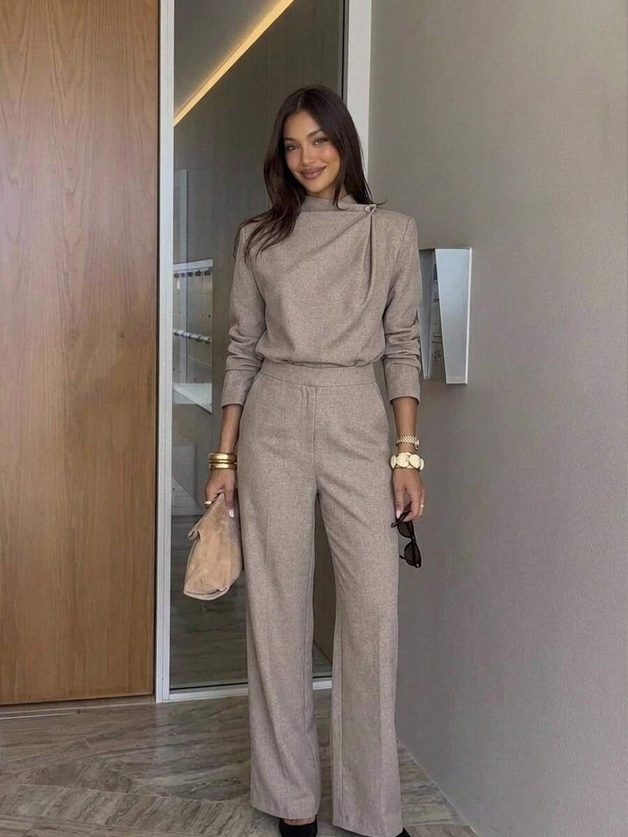 Siren Gaze Funnel Neck Blouse And Long Pants Set, Elegant Two Pieces Outfit For Women, Business Casual Commuter Pants Set, Office And Workwear Fall/Winter