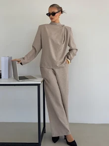 Siren Gaze Funnel Neck Blouse And Long Pants Set, Elegant Two Pieces Outfit For Women, Business Casual Commuter Pants Set, Office And Workwear Fall/Winter - Apricot - View 7