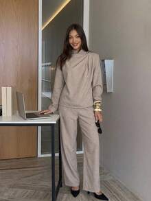 Siren Gaze Funnel Neck Blouse And Long Pants Set, Elegant Two Pieces Outfit For Women, Business Casual Commuter Pants Set, Office And Workwear Fall/Winter - Apricot - View 12