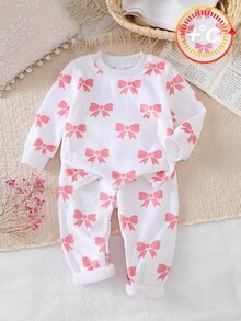 SHEIN 女嬰甜美韓風粉色蝴蝶結印花法蘭絨睡衣套裝，圓領寬鬆長袖褲子兩件套，秋冬加厚雙面抓毛親膚絨毛面料家居睡衣套裝 - 彩色 - 查看 7