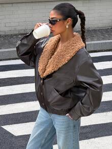 Muchica Women's Winter New Brown Shawl Collar Patchwork Plush PU Leather Regular Jacket - Brown - View 4
