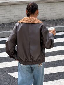 Muchica Women's Winter New Brown Shawl Collar Patchwork Plush PU Leather Regular Jacket - Brown - View 2