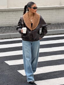 Muchica Women's Winter New Brown Shawl Collar Patchwork Plush PU Leather Regular Jacket - Brown - View 5