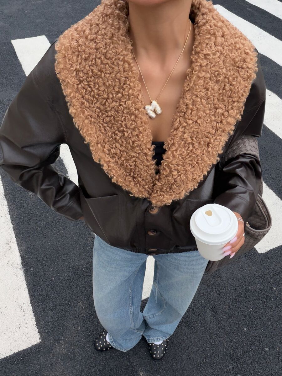 Muchica Women's Winter New Brown Shawl Collar Patchwork Plush PU Leather Regular Jacket - Brown - View 1