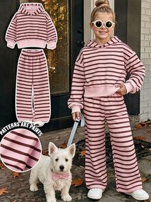 SHEIN 青少年女孩抓絨內裡棕色與粉色連帽衛衣與運動長褲兩件套：保暖秋季休閒運動風連帽衛衣學生款 - 粉色 - 查看 3