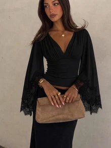 Siren Gaze Women's Solid Color Pleated Slim Fit Versatile Daily Casual Long Sleeve Blouse - Black - View 7