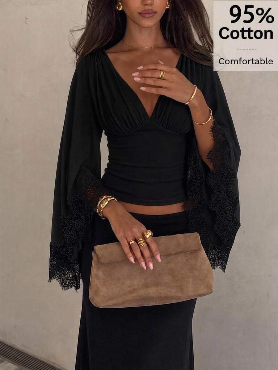Siren Gaze Women's Solid Color Pleated Slim Fit Versatile Daily Casual Long Sleeve Blouse - Black - View 1