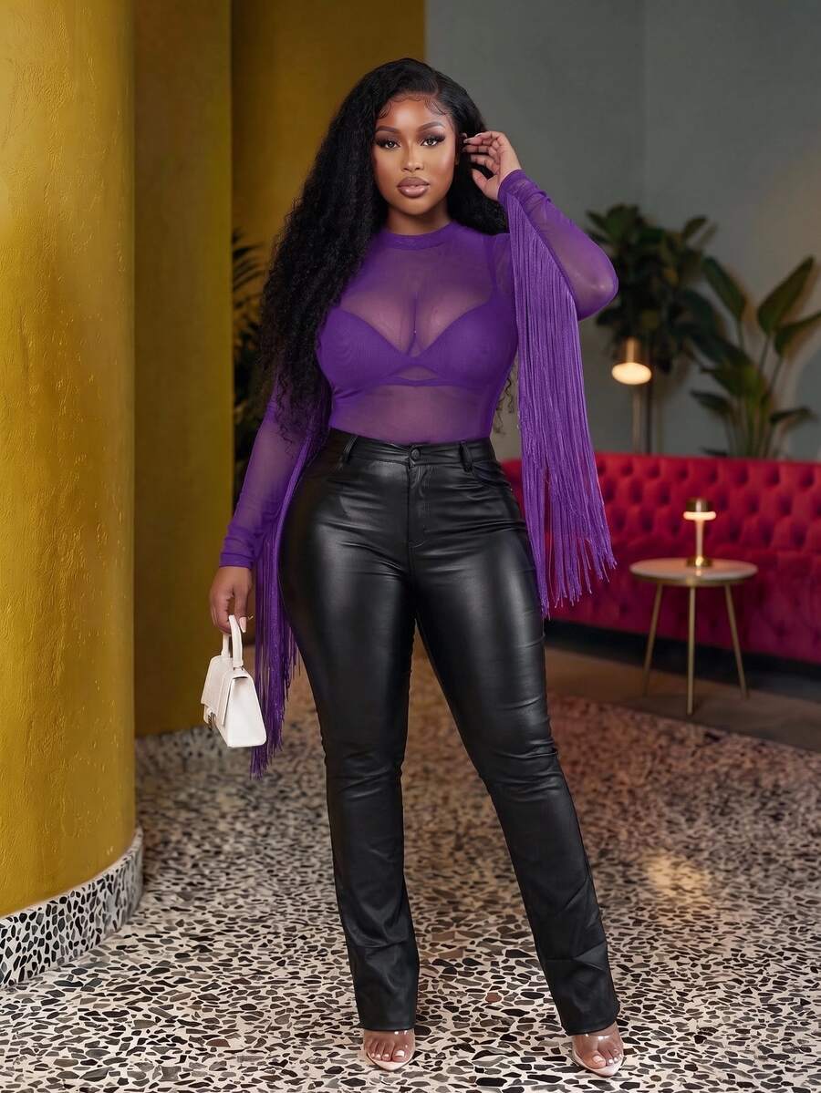 Veslaya Plus Music Festival Elastic Knit Mesh Fitted Black Sheer Top With Tassel Patchwork For Plus Size - Purple - View 1