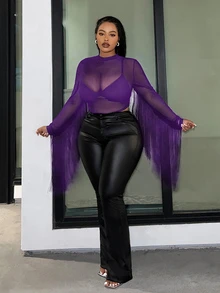 Veslaya Plus Music Festival Elastic Knit Mesh Fitted Black Sheer Top With Tassel Patchwork For Plus Size - Purple - View 3