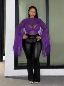 Veslaya Plus Music Festival Elastic Knit Mesh Fitted Black Sheer Top With Tassel Patchwork For Plus Size - Purple - View 5