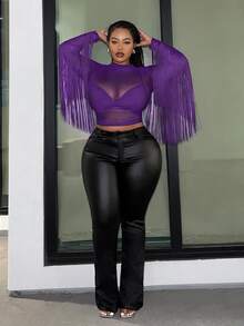 Veslaya Plus Music Festival Elastic Knit Mesh Fitted Black Sheer Top With Tassel Patchwork For Plus Size - Purple - View 4