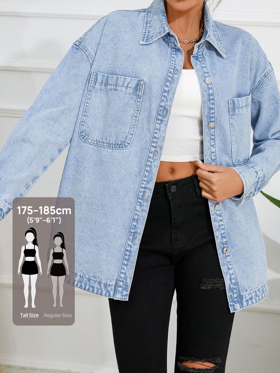 Flexra Tall Jaket Denim Wanita Panjang Berkerah Lengan Panjang Model Tall Fit - Light Wash - View 1